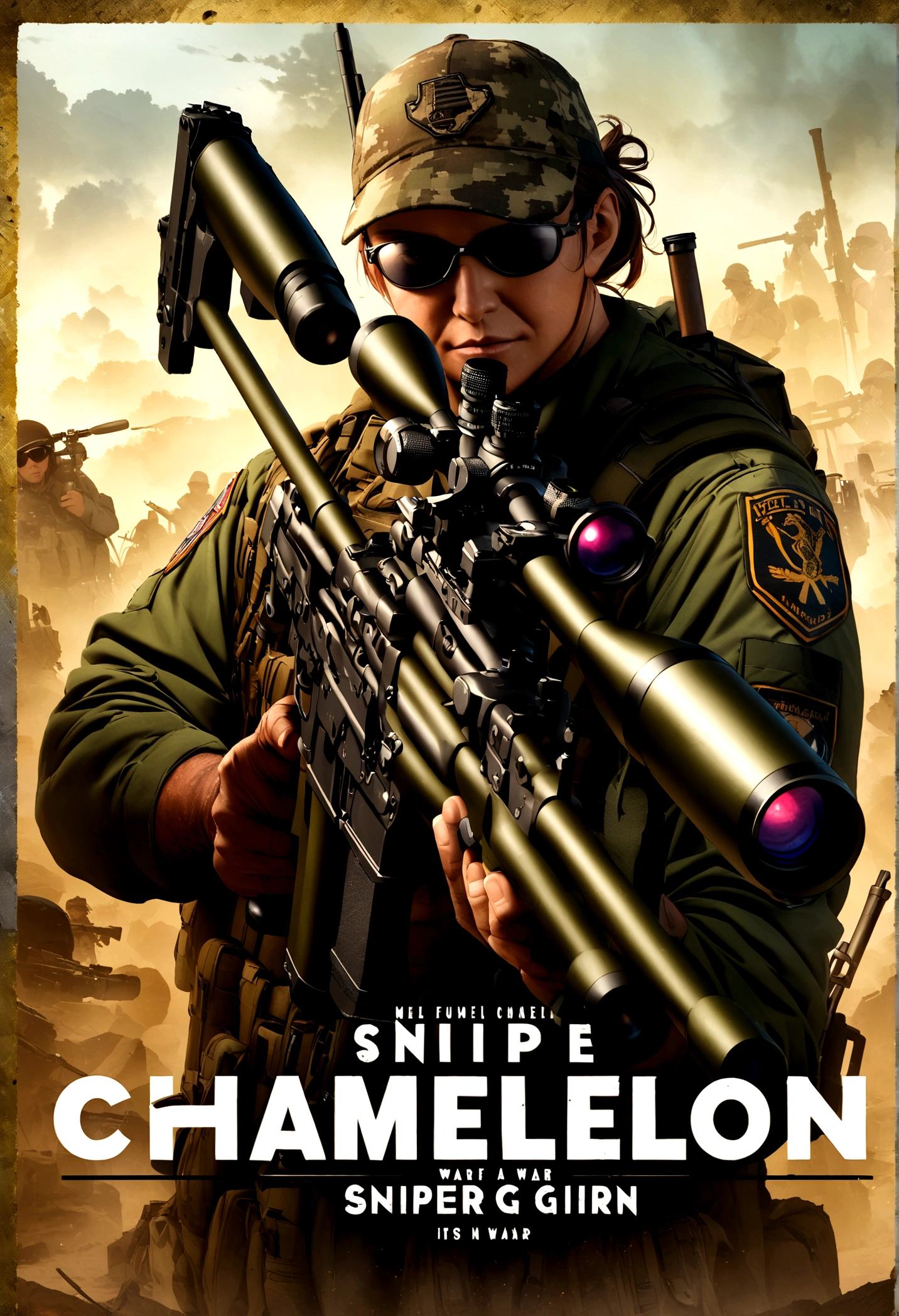 Close-up of a chameleon holding a gun in its hand, Sniper, Cover art, shoulder patch design, of a Sniper girl in war, Album cover, Sniper! Middle-aged men, Album art cover, large caliber Sniper fire, Album artwork, 🔥 😎 🕹️ 👀 :2, 🕹️ 😎 🔫 🤖 🚬, patch design, album Cover art