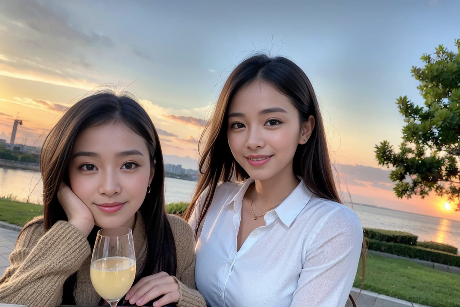 ((Highest quality、8K、masterpiece:1.3))、cute、Slim Couple、Model Couple、The best smile、Happy Smile、45 years old 39 years old、Shortcuts、Upper Body、(Realistic, Intricate details:1.2), Beautiful Model、Beautiful actress, (Brown Hair), (White skin),full-course dinner、Wine Party、Amazing view of the sunset sky and clouds、Sweet eye angle, Ultra HD 8K, Ultra-realistic, photograph, Cinematic, photograph, Wide-angle, Detailed Visuals, 3D Rendering, Soft texture, Realistic, Close up zoom in, (Front view), ((View your viewers)), Perfect corner angle, Thin lips, Natural Beauty, (soft and super White skin), Perfect Skin, (masterpiece), (Beautiful attention to detail), (Makes your face smaller), No makeup, Skinny Wine Bottle、Champagne、sparkling wine、Two beauties、Brown Hair、Shortcuts、Long sleeve shirt、dress、