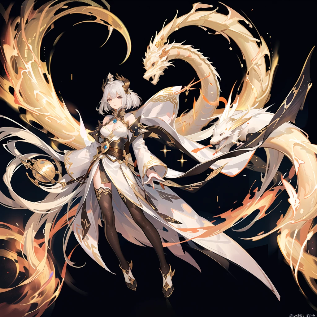 (There is a female emperor floating in the starry sky:1.3)He has huge silver-scaled and golden-bone dragon wings on his back.。Golden horns on the head,There are solar prominences around,Sometimes there is a golden light standing,Like a golden imperial crown。A head of white hair fell a little on that tall and majestic body,The rest are all flying in the wind and shining brightly in the sunlight.。Wearing a silver robe with a golden dragon pattern,A belt with a golden lotus and a dragon-shaped jade pendant cinched the flowing robe.,Draw the line between upper and lower,The long hair hidden in the silver and gold hem and sleeves(Length)The platinum dragon's tail swings casually。White Hakama Underwear,Gold and silver boots,Artgerm's Art Style, Vadim Kashin, guys,