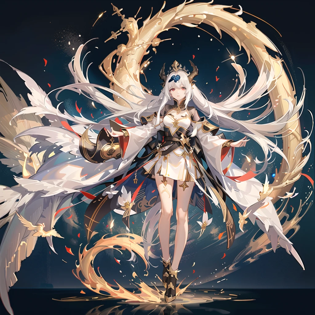 (There is a female emperor floating in the starry sky:1.3)He has huge silver-scaled and golden-bone dragon wings on his back.。Golden horns on the head，There are solar prominences around，Sometimes there is a golden light standing，Like a golden imperial crown。A head of white hair fell a little on that tall and majestic body，The rest are all flying in the wind and shining brightly in the sunlight.。Wearing a silver robe with a golden dragon pattern，A belt with a golden lotus and a dragon-shaped jade pendant cinched the flowing robe.，Draw the line between upper and lower，The long hair hidden in the silver and gold hem and sleeves（Length）The platinum dragon&#39;s tail swings casually。White Hakama Underwear，Gold and silver boots，Artgerm&#39;s Art Style, Vadim Kashin, guys,