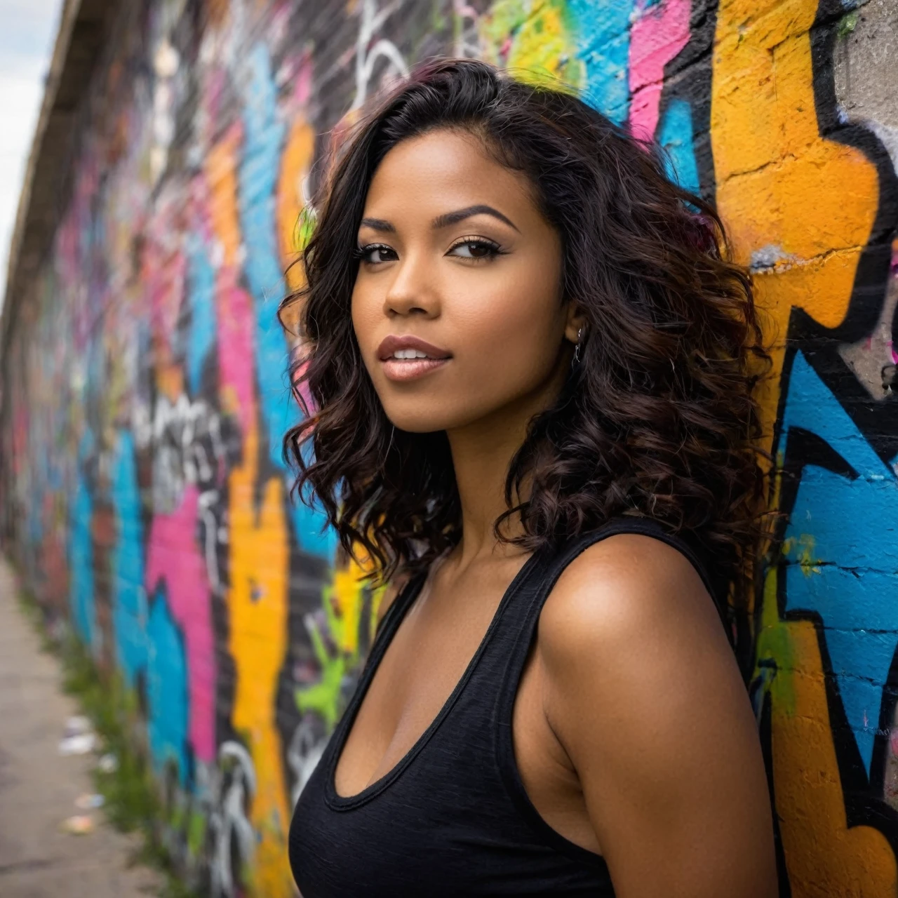 Prompt: Envision capturing a close-up shot of a vibrant, bold stunningly beautiful woman against the backdrop of graffiti-filled urban walls. This scene should reflect the raw energy and expressive nature of urban street art. Graffiti is all about making a statement - it's loud, colorful, and unapologetically honest. Your subject, the woman, should embody this spirit – her style, stance, and expressions revealing insights into her character. Use natural or urban lighting to bring out the vivid colors of the graffiti, casting dramatic shadows that highlight the texture and depth of the artwork behind her. Embrace the wide view of the graffiti-covered cityscape as an intriguing backdrop subtly suggesting her connection to street culture. But remember to keep her as your main focus. When framing your shot, ensure you leave ample space around her. This not only adheres to photographic rules of composition but also emphasizes her dominance within this vast canvas. Avoid cluttering your shot with too many elements, maintaining graffiti's raw and minimalist approach. Instead aim to capture an atmospheric portrait that weaves a story about the woman, her personality and her relationship with the urban environment surrounding her. Consider using equipment like Canon EOS 5D Mark IV & EF 24-70mm f/2.8L II USM for detailed capture and wide-angle possibilities. Remember, your goal goes beyond just snapping a photo - it's about crafting a narrative that reflects graffiti’s boldness and expressiveness.