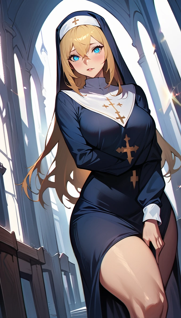 (high quality, 8k, 4K, high contrast, artwork:1.2, high quality, best aesthetics), (dynamic angle), ((1 woman)), erotic, sensual, mature body, super detailed, beautiful face detailed, beautiful eyes detailed, detailed beautiful mouth, perfect breasts, wide thighs, sexy body, blonde hair, long hair, long straight hair, long bangs, blue eyes, sparkle in the eyes, long eyelashes, nun, nun clothes, calm expression, innocent, shy, church.