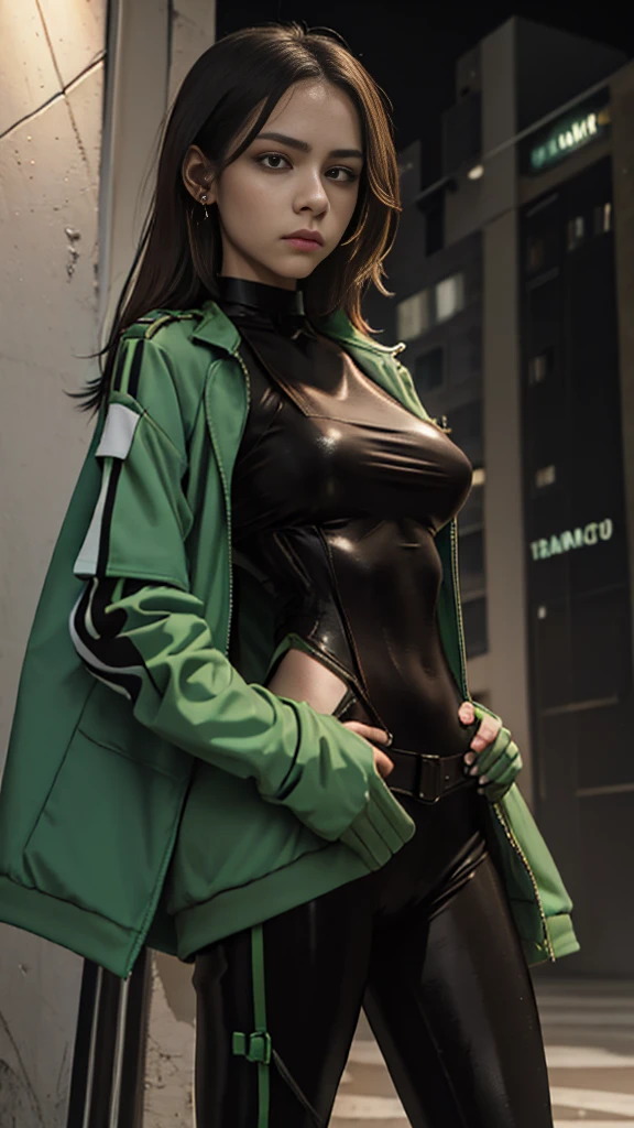 Masterpiece, Beautiful art, professional artist, 8k, art style by sciamano240, detailed body, Very detailed face, very detailed eyes, Detailed clothing, detailed fabric, Best Quality, better resolution, 1 Mexican soldier, brown eyes view of her breasts, perfect breasts, standing, big breasts, serious expression, At night , by the wide cafe, choker:1.6,(green jacket, with lighter green figures, round neck shirt showing breasts) black gloves that cover your hands, holding a gun in his hand, (bright green and brown leggings), looking at the viewer, City, Atmosphere, fog, At night