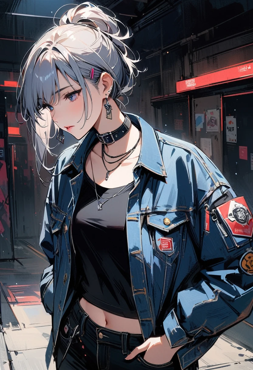 (masterpiece:1.2, best quality), (1 lady, alone, Upper body:1.2), hair: buzz clip, clothing: extra large, Distressed denim jacket with patches and pins, Wear yours with black skinny jeans and military boots, Accessories: Silver earrings and black collar necklace, Hanging out in an underground music venue or street art exhibit