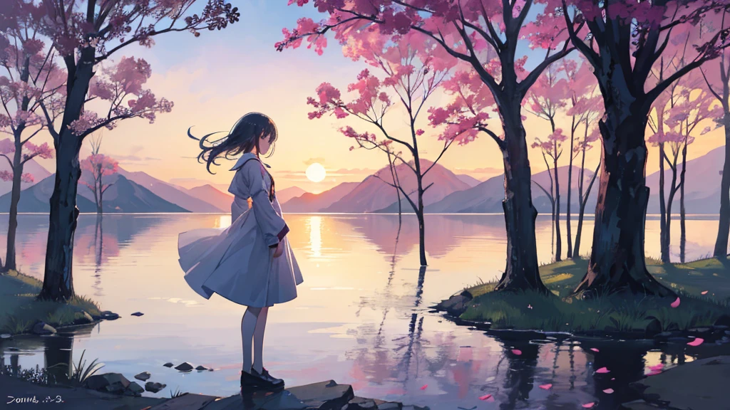 An anime girl standing at the edge of a tranquil lake at dawn, with the first light of morning reflecting off the calm water. She looks introspective, her expression a mix of sorrow and determination. In her hands, she holds a delicate, broken mask, symbolizing the lies and deceit she has uncovered. The background shows a serene landscape with mist rising from the lake, trees silhouetted against the early morning sky, and distant mountains just beginning to catch the light of the rising sun. Around her feet, there are scattered petals and torn pages, remnants of the false promises and stories she has left behind. The overall mood is one of quiet strength and new beginnings, with soft, natural lighting highlighting the emotional transition from darkness to hope.

