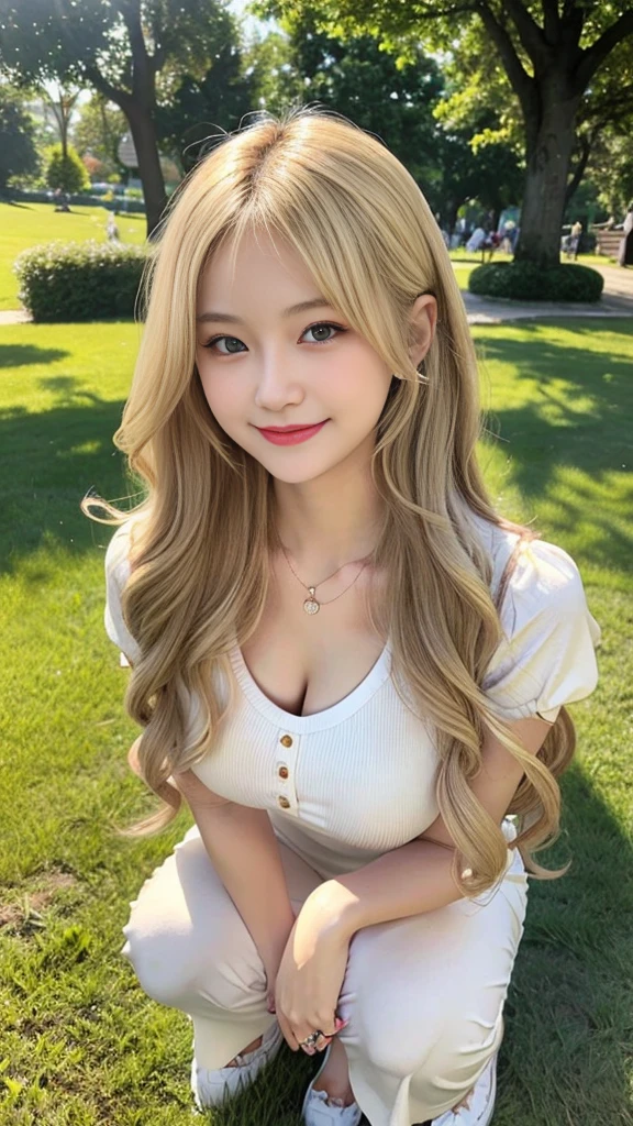 23-year-old woman, Long dark blonde wavy hair、Puffy nippleedium Milk, Cute Smile、(lean forward to emphasize the chest)、、Beautiful Necklace、On the grass in the park、Squat on your knees、Cute smile with upward glances、T-Shirts、Tight dress、I can see your pants