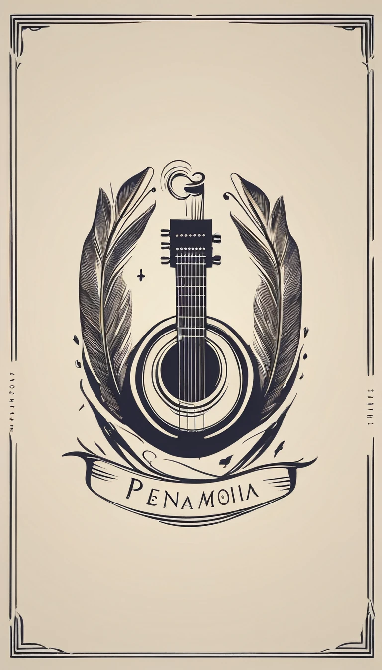 A minimal, modern, simple, cinematic logotype for the brand “Penamemoria". The logotype must be a simple, magical feather and a boy playing acoustic guitar. The logo must convey a sense of music, stories and dreams. Logo design impressed on a book cover. Minimalistic logo