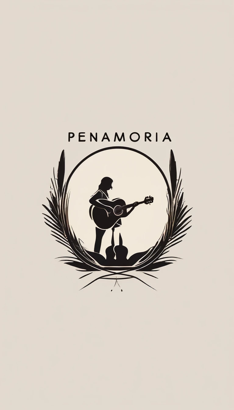 A minimal, modern, simple, cinematic logotype for the brand “Penamemoria". The logotype must be a simple, magical feather and a boy playing acoustic guitar. The logo must convey a sense of music, stories and dreams. Logo design impressed on a book cover. Minimalistic logo