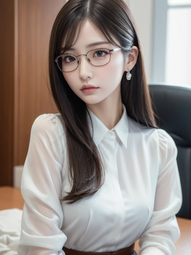 a cute woman, 8K, beautiful detailed eyes, upper body, beautiful detailed lips, extremely detailed eyes and face, long eyelashes, slender body, thin face, delicate features, flawless porcelain skin, glistening sweat, realistic, office lady outfit, one-person viewpoint, Fuji Film, F/1.2, masterpiece, nffsw, super detail, high quality, best quality, high resolution, glasses, mole under right eye, arms crossed