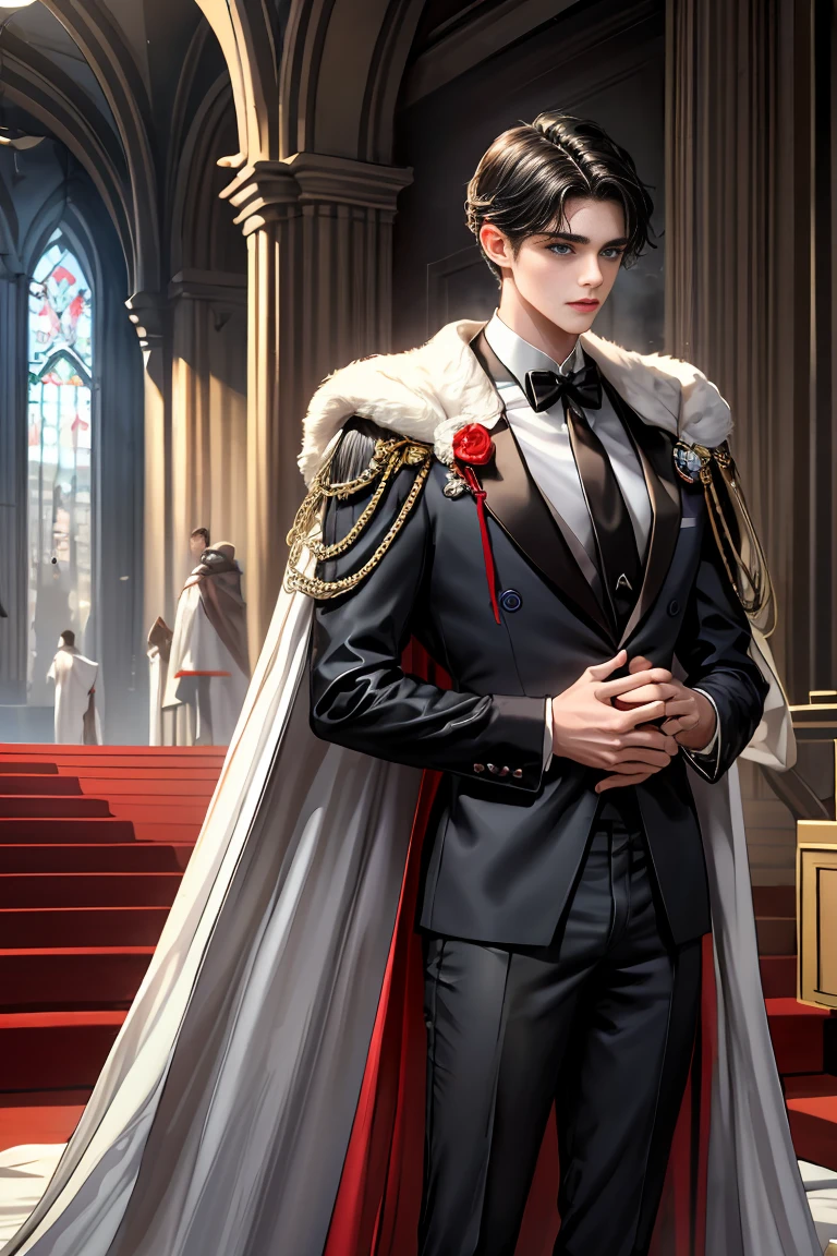 masterpiece, 最high quality, high quality, 1 boy, alone, Male focus, Watching the audience, Messy black hair, Adorable big blue eyes, White people, Noble, Noble,Sexy voluminous cape、tuxedo、vampire、A very voluminous red and black cape with a high stand-up collar, very voluminous, very big, very big, very long, reaching down to the floor, made of a lot of fabric., 17 years old,Cute beautiful boys,Cute, cute, kind, handsome guy