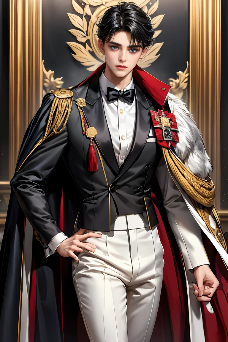masterpiece, 最high quality, high quality, 1 boy, alone, Male focus, Watching the audience, Messy black hair, Adorable big blue eyes, White people, Noble, Noble,y voluminous cape、tuxedo、vampire、A very voluminous red and black cape with a high stand-up collar, very voluminous, very big, very big, very long, reaching down to the floor, made of a lot of fabric., 17 te beautiful boys,Cute, cute, kind, handsome guy