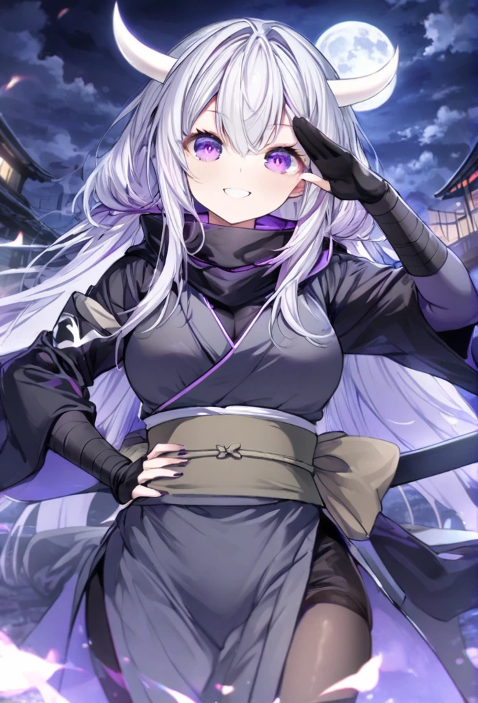 Long silver hair, Smile
, black ninja, full moon, purple eyes, white horns , salute