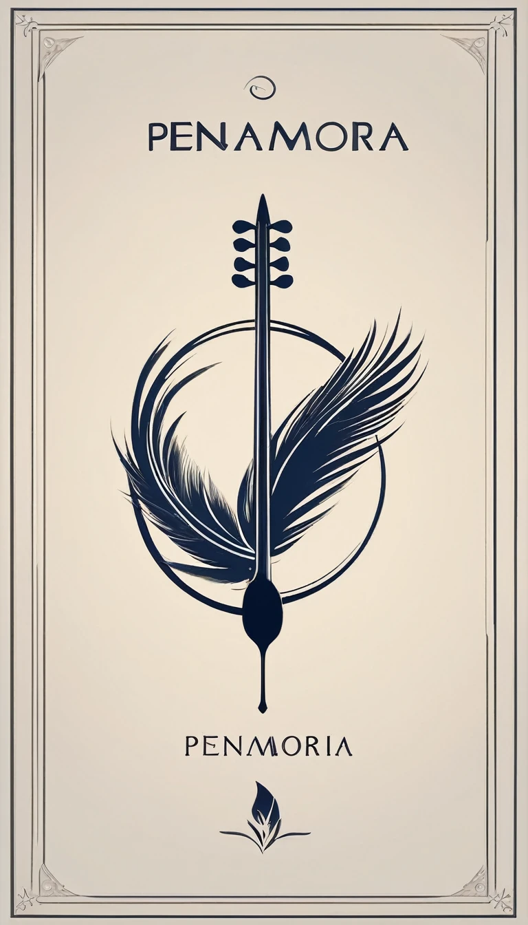 A minimal, high quality, modern, simple, cinematic symbol design for the brand “Penamemoria". The logotype must be a simple, magical feather and a boy playing acoustic guitar. The logo must convey a sense of music, stories and dreams. Logo design impressed on a book cover. Minimalistic logo