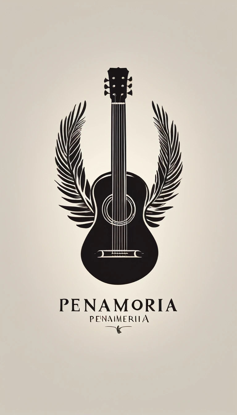 A minimal, high quality, modern, simple, cinematic symbol design for the brand “Penamemoria". The logotype must be a simple, magical feather and a boy playing acoustic guitar. The logo must convey a sense of music, stories and dreams. Logo design impressed on a book cover. Minimalistic logo