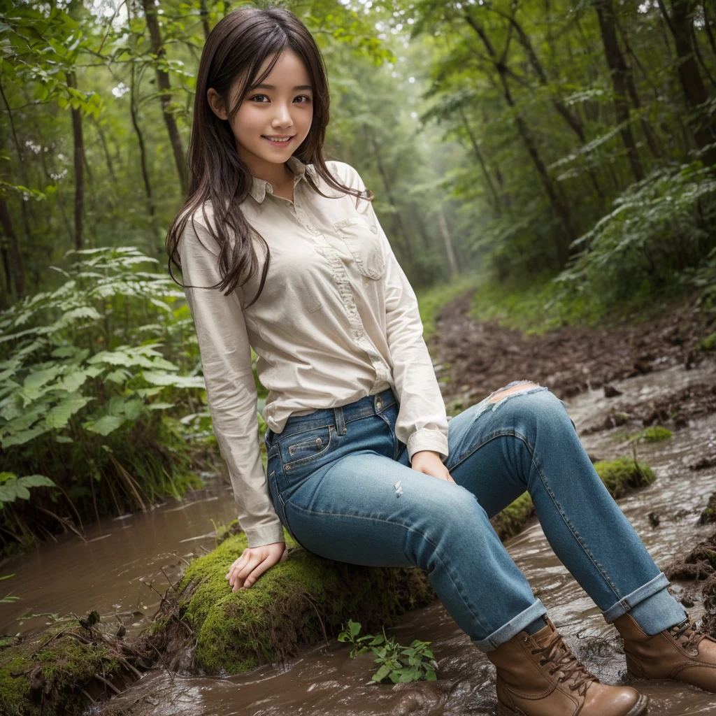 One girl, ,smile, High-resolution images, Asian,Buttoned up,Wearing a long sleeve check shirt and jeans, Playing in the mud and getting your clothes dirty,Muddy jeans,Soaked clothes,Covered in mud,Gets wet and sticks,Dirty clothes,Being covered in mud,green mud,Muddy,captured in the style of a magical forest arツーork., (masterpiece, Highest quality, Official Art,Intricate details:1.2)