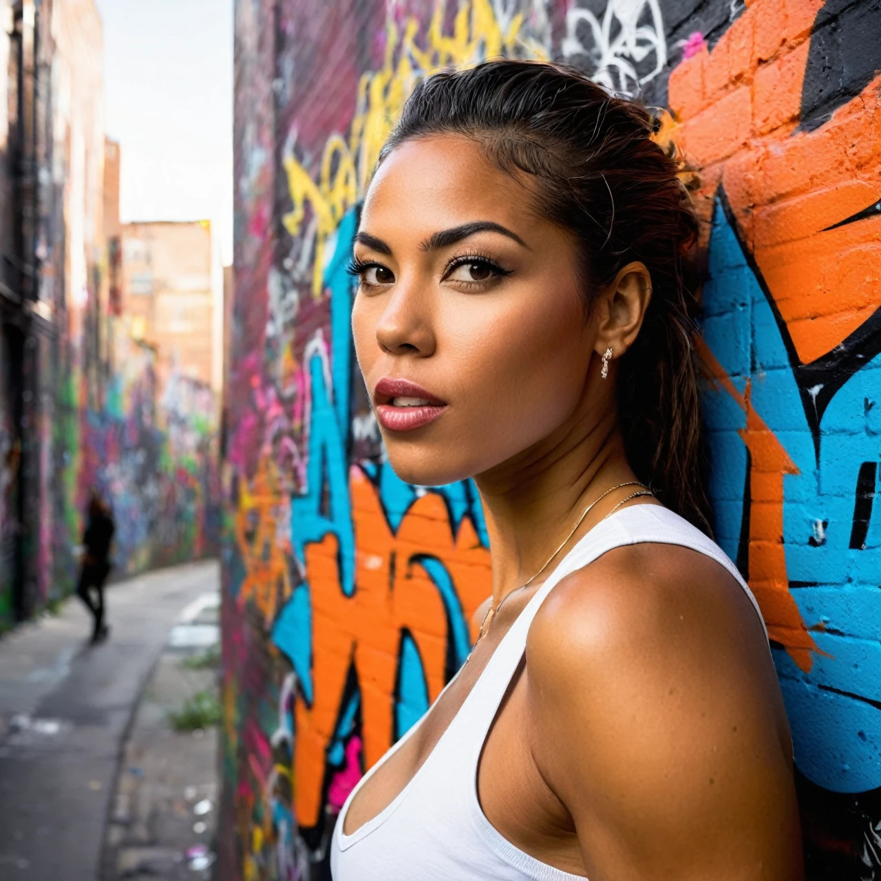 Prompt: Envision capturing a close-up shot of a vibrant, bold stunningly beautiful woman against the backdrop of graffiti-filled urban walls. This scene should reflect the raw energy and expressive nature of urban street art. Graffiti is all about making a statement - it's loud, colorful, and unapologetically honest. Your subject, the woman, should embody this spirit – her style, stance, and expressions revealing insights into her character. Use natural or urban lighting to bring out the vivid colors of the graffiti, casting dramatic shadows that highlight the texture and depth of the artwork behind her. Embrace the wide view of the graffiti-covered cityscape as an intriguing backdrop subtly suggesting her connection to street culture. But remember to keep her as your main focus. When framing your shot, ensure you leave ample space around her. This not only adheres to photographic rules of composition but also emphasizes her dominance within this vast canvas. Avoid cluttering your shot with too many elements, maintaining graffiti's raw and minimalist approach. Instead aim to capture an atmospheric portrait that weaves a story about the woman, her personality and her relationship with the urban environment surrounding her. Consider using equipment like Canon EOS 5D Mark IV & EF 24-70mm f/2.8L II USM for detailed capture and wide-angle possibilities. Remember, your goal goes beyond just snapping a photo - it's about crafting a narrative that reflects graffiti’s boldness and expressiveness.
