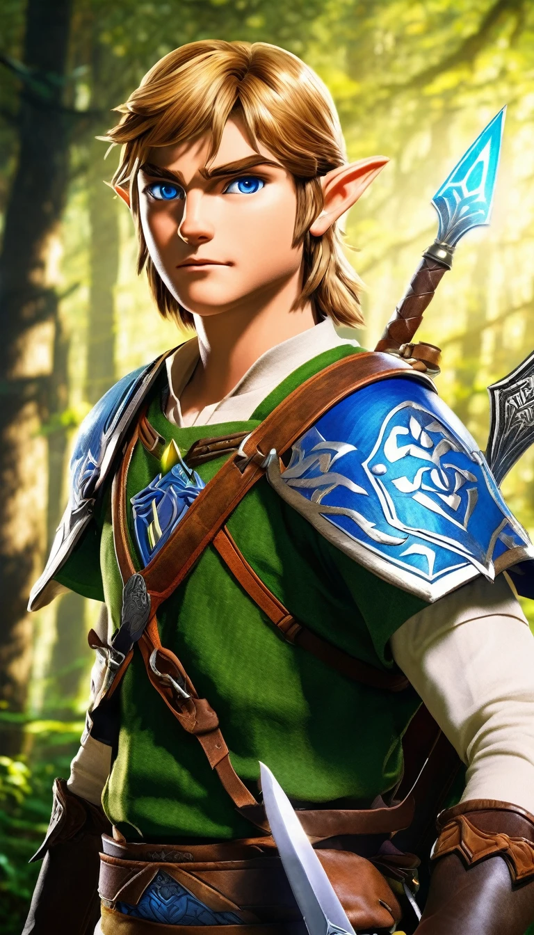 a dynamic action shot of Link from The Legend of Zelda video game series, in a vibrant comic book art style, with a magical glowing master sword, shield, and green tunic, fighting against monsters in a fantastical landscape, (best quality,8k,highres,masterpiece:1.2),ultra-detailed,realistic,photorealistic,photo-realistic:1.37,dynamic action pose,dramatic lighting,vivid colors,comic book art style,fantasy,highly detailed character,intricate details,epic scale,intense atmosphere