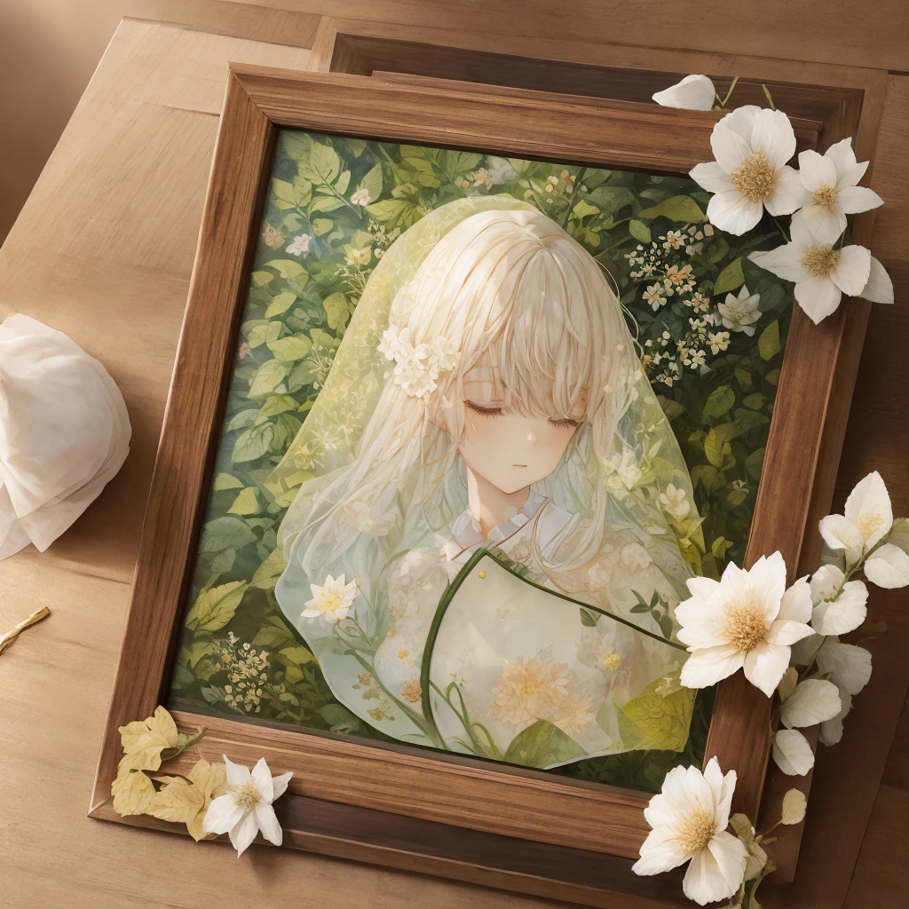 A thin-edged picture frame made of delicate leaves and flowers、Place it so that it covers the screen.