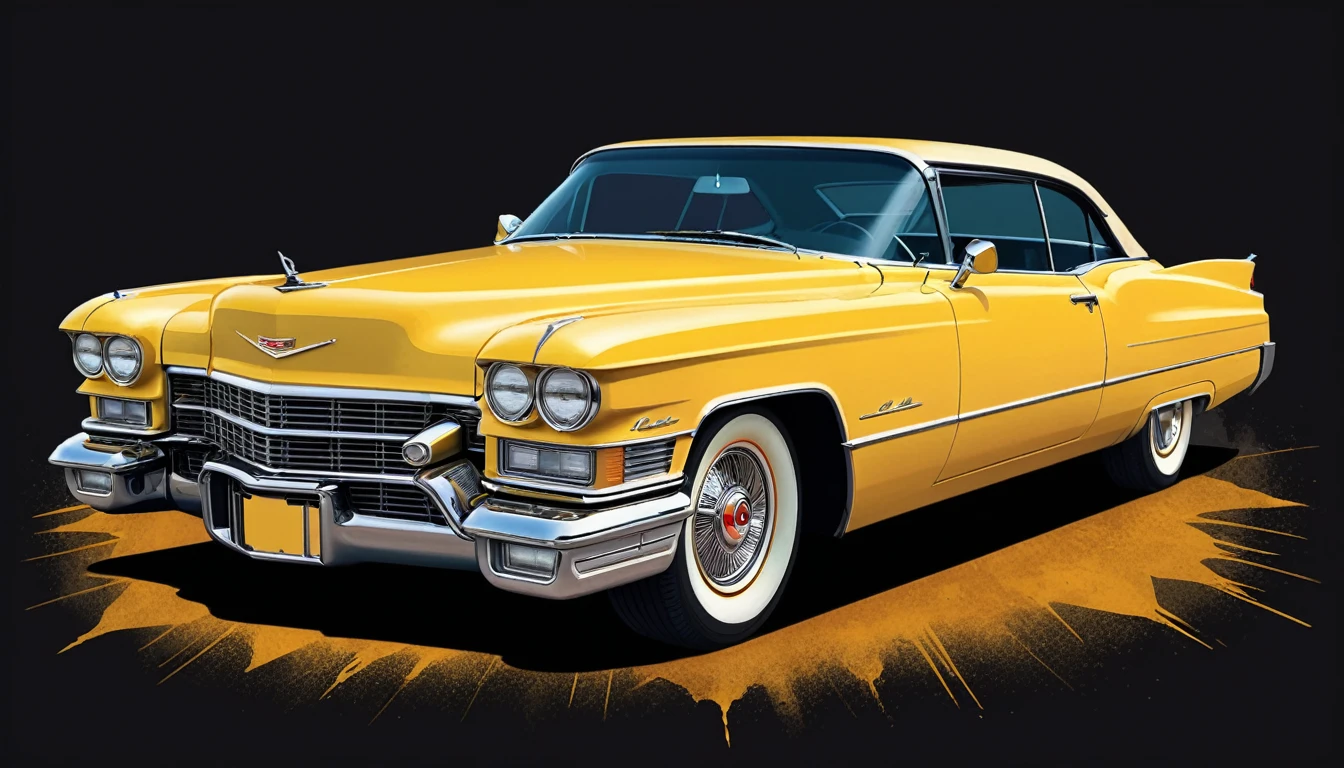 Artwork for t-shirt graphic design, modern graphic design, Cadillac Coupe Deville, yellow, bold yellow color, scratches on rust background in vintage pastel colors, highly detailed clean, vector image, realistic masterpiece, professional photography, realistic car, car sunrise background, flat black background, isometric, bright vector