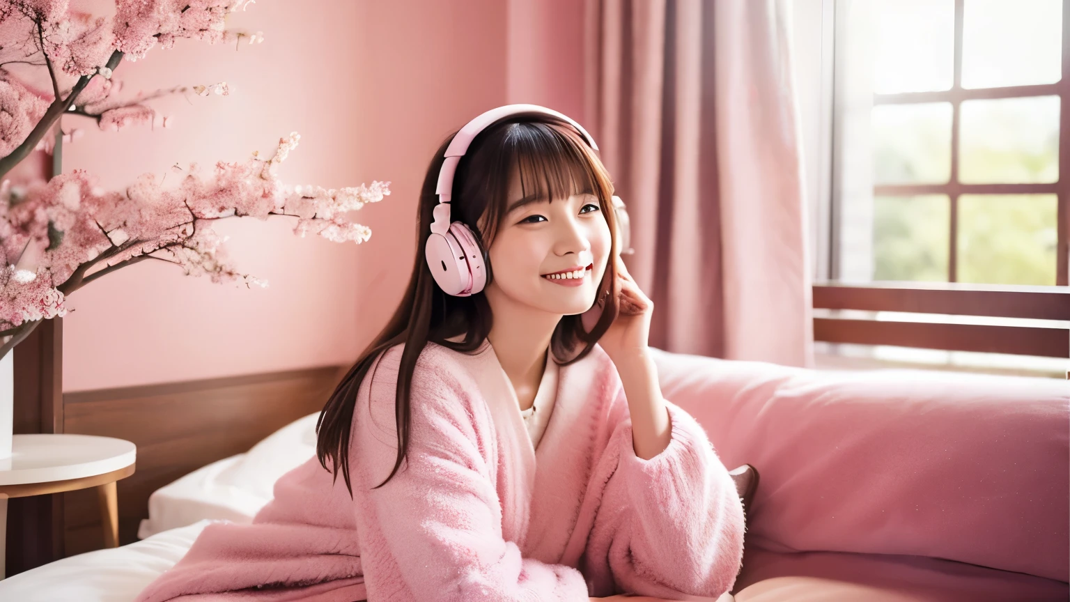 "Create a high-quality 16:9 image featuring a Japanese woman in a room during April, with cherry blossoms and pink hues as the main theme. The scene should be cozy and emotional. The room should have a window with sakura scenery visible outside, a bed, and sakura-colored walls. The woman, with long semi-long black hair, is listening to music with headphones, dressed in casual sakura-colored room wear. She has a bright smile and looks cheerful. Sakura petals should be gently falling around her."