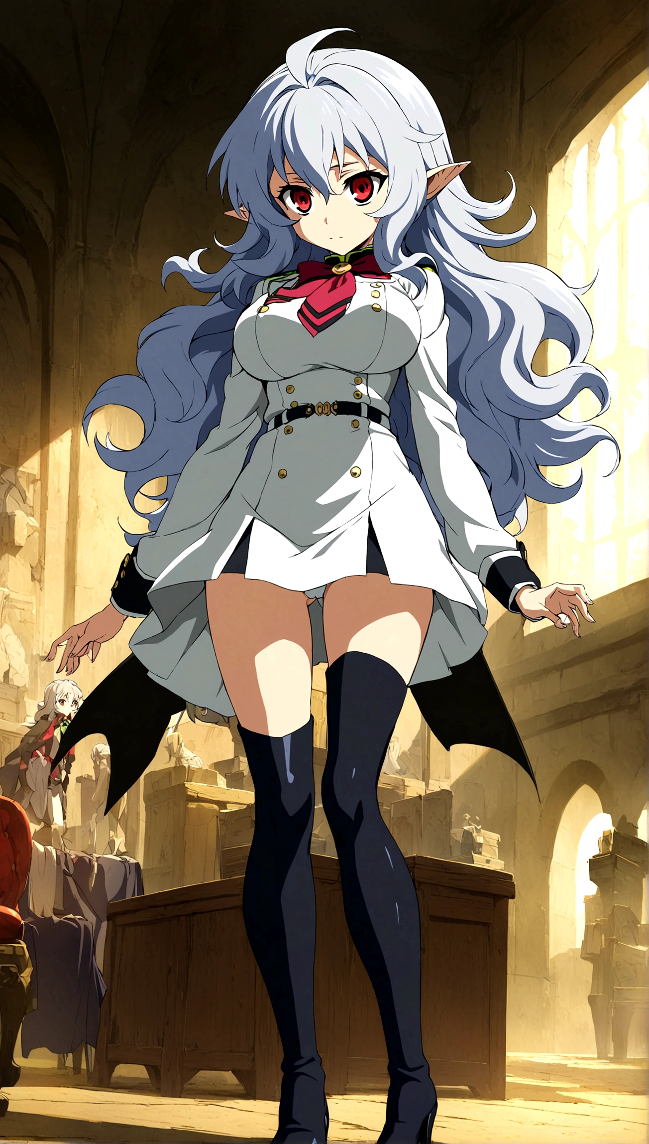 Anime. Owari no Seraph. 1 girl. Cute girl. A vampire. Progenitor. Clumsy ancestor. Silver hair. Wavy hair. Long hair. Red eyes. Beautiful eyes. Perfect eyes. Expressive eyes. Pointy ears. Ideal face. 18 years. Big breasts. Beautiful breasts. Ideal anatomical body. Beautiful long legs. White dress. The dress is the Progenitor uniform from Owari no Seraph. Black stockings. Knee-high boots. Boots with heels. Standing. Full height. Beautiful character design. Shiny skin. Whole body. nsfw. Official art. Extremely detailed CG Unity 8k wallpaper. Ideal lighting. Ultra high resolution 4K. Super detailed 8K. A high resolution.