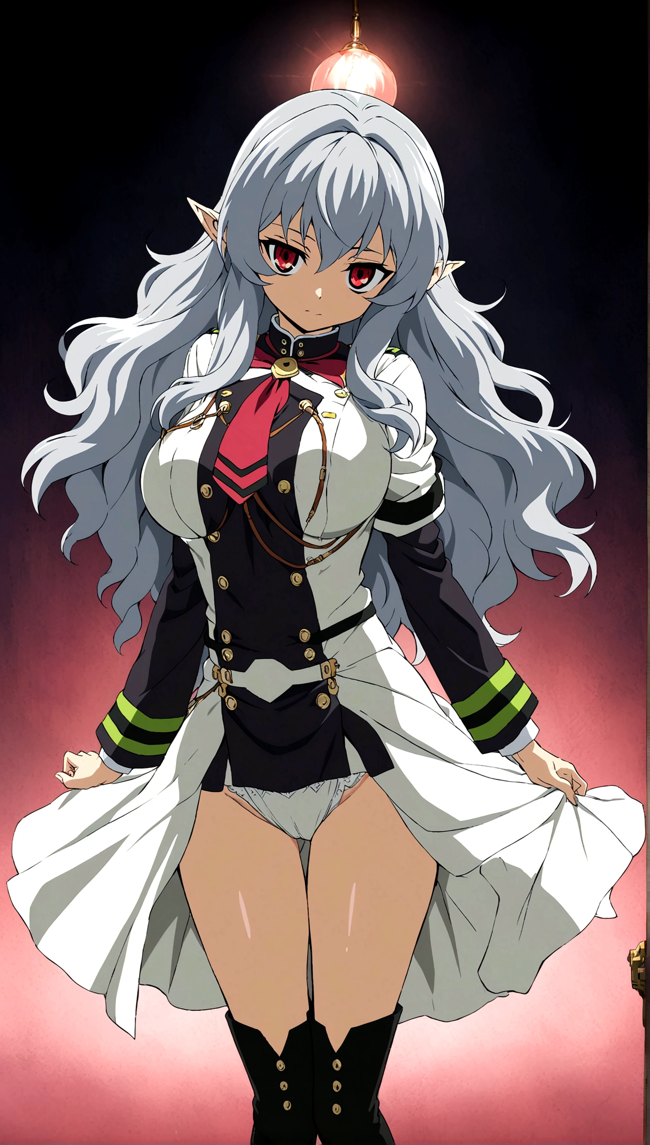 Anime. Owari no Seraph. 1 girl. Cute girl. A vampire. Progenitor. Clumsy ancestor. Silver hair. Wavy hair. Long hair. Red eyes. Beautiful eyes. Perfect eyes. Expressive eyes. Pointy ears. Ideal face. 18 years. Big breasts. Beautiful breasts. Ideal anatomical body. Beautiful long legs. White dress. The dress is the Progenitor uniform from Owari no Seraph. Black stockings. Knee-high boots. Boots with heels. Standing. Full height. Beautiful character design. Shiny skin. Whole body. nsfw. Official art. Extremely detailed CG Unity 8k wallpaper. Ideal lighting. Ultra high resolution 4K. Super detailed 8K. A high resolution.