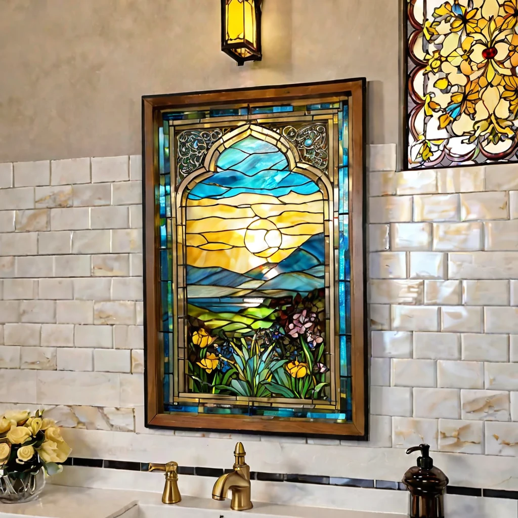 there is a picture of a picture, inside a frame on a tiled wall, intricate stained glass, trending artistic art, inspired by Louis Comfort Tiffany, wall art, stained glass
