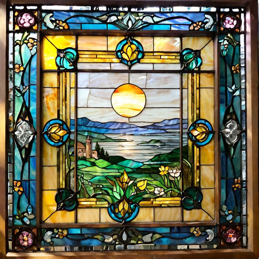 there is a picture of a picture, inside a frame on a tiled wall, intricate stained glass, trending artistic art, inspired by Louis Comfort Tiffany, wall art, stained glass
