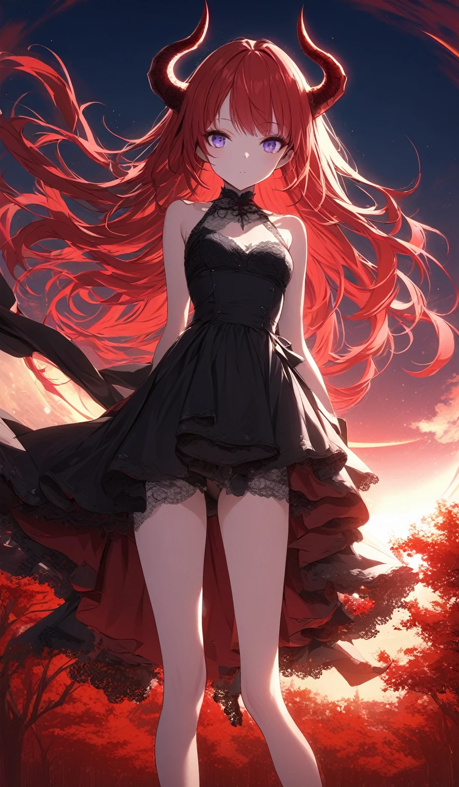 Masterpiece, very detailed, ultra detailed, one, (1 girl), she is in a red detailed and lace dress, and in an elegant position, she is tall, childish style, long red hair and parting on the sides, red demonic horns, beautiful, charming, purple eyes, elegant, small breasts, kind face, charming, she stands against the background of red trees and the big sun.