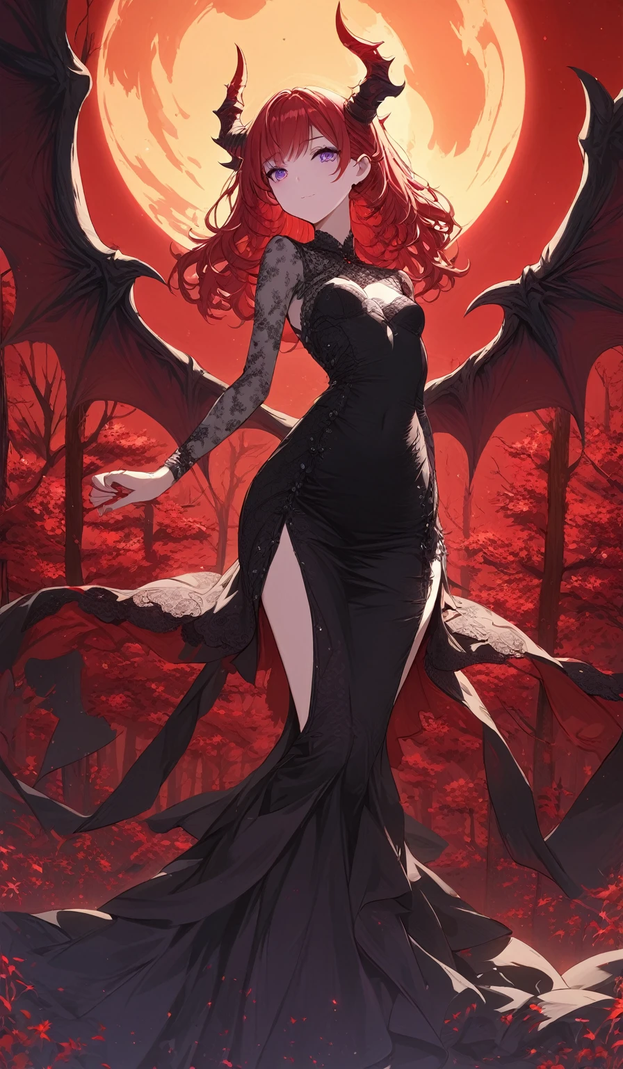 Masterpiece, very detailed, ultra detailed, one, (1 girl), she is in a red detailed and lace dress, and in an elegant position, she is tall, childish style, long red hair and parting on the sides, red demonic horns, beautiful, charming, purple eyes, elegant, small breasts, kind face, charming, she stands against the background of red trees and the big sun.