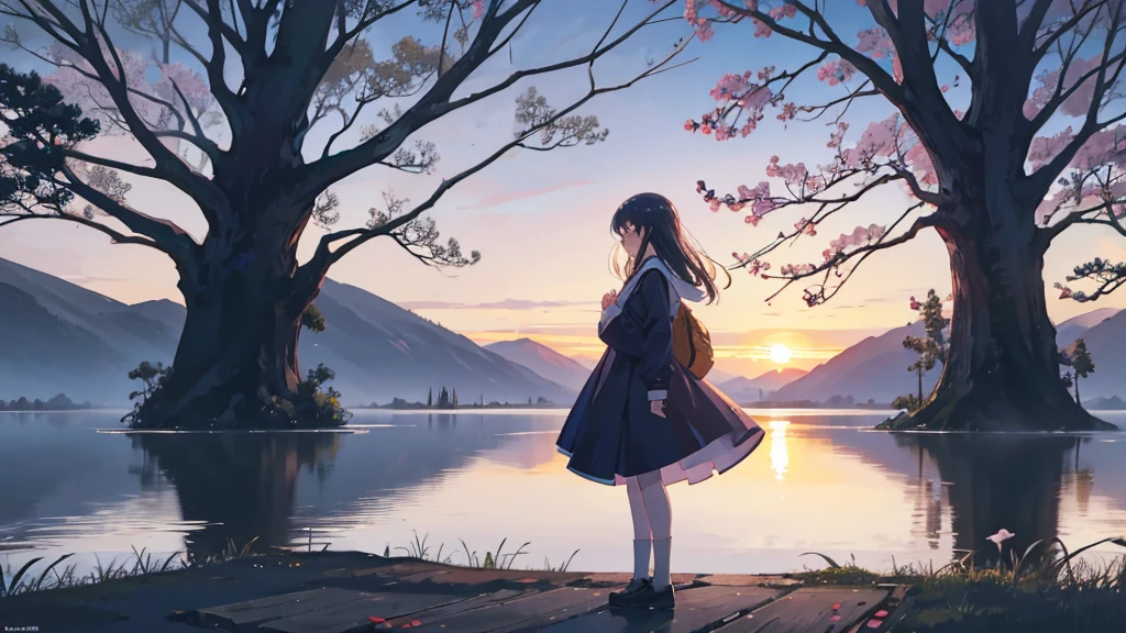 An anime girl standing at the edge of a tranquil lake at dawn, with the first light of morning reflecting off the calm water. She looks introspective, her expression a mix of sorrow and determination. In her hands, she holds a delicate, broken mask, symbolizing the lies and deceit she has uncovered. The background shows a serene landscape with mist rising from the lake, trees silhouetted against the early morning sky, and distant mountains just beginning to catch the light of the rising sun. Around her feet, there are scattered petals and torn pages, remnants of the false promises and stories she has left behind. The overall mood is one of quiet strength and new beginnings, with soft, natural lighting highlighting the emotional transition from darkness to hope.
