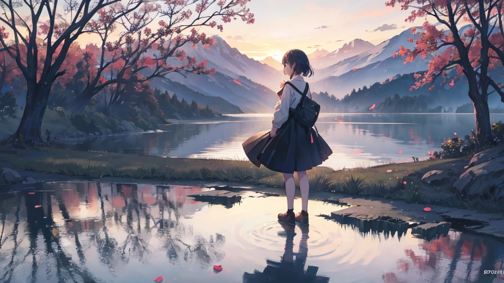 An anime girl standing at the edge of a tranquil lake at dawn, with the first light of morning reflecting off the calm water. She looks introspective, her expression a mix of sorrow and determination. In her hands, she holds a delicate, broken mask, symbolizing the lies and deceit she has uncovered. The background shows a serene landscape with mist rising from the lake, trees silhouetted against the early morning sky, and distant mountains just beginning to catch the light of the rising sun. Around her feet, there are scattered petals and torn pages, remnants of the false promises and stories she has left behind. The overall mood is one of quiet strength and new beginnings, with soft, natural lighting highlighting the emotional transition from darkness to hope.