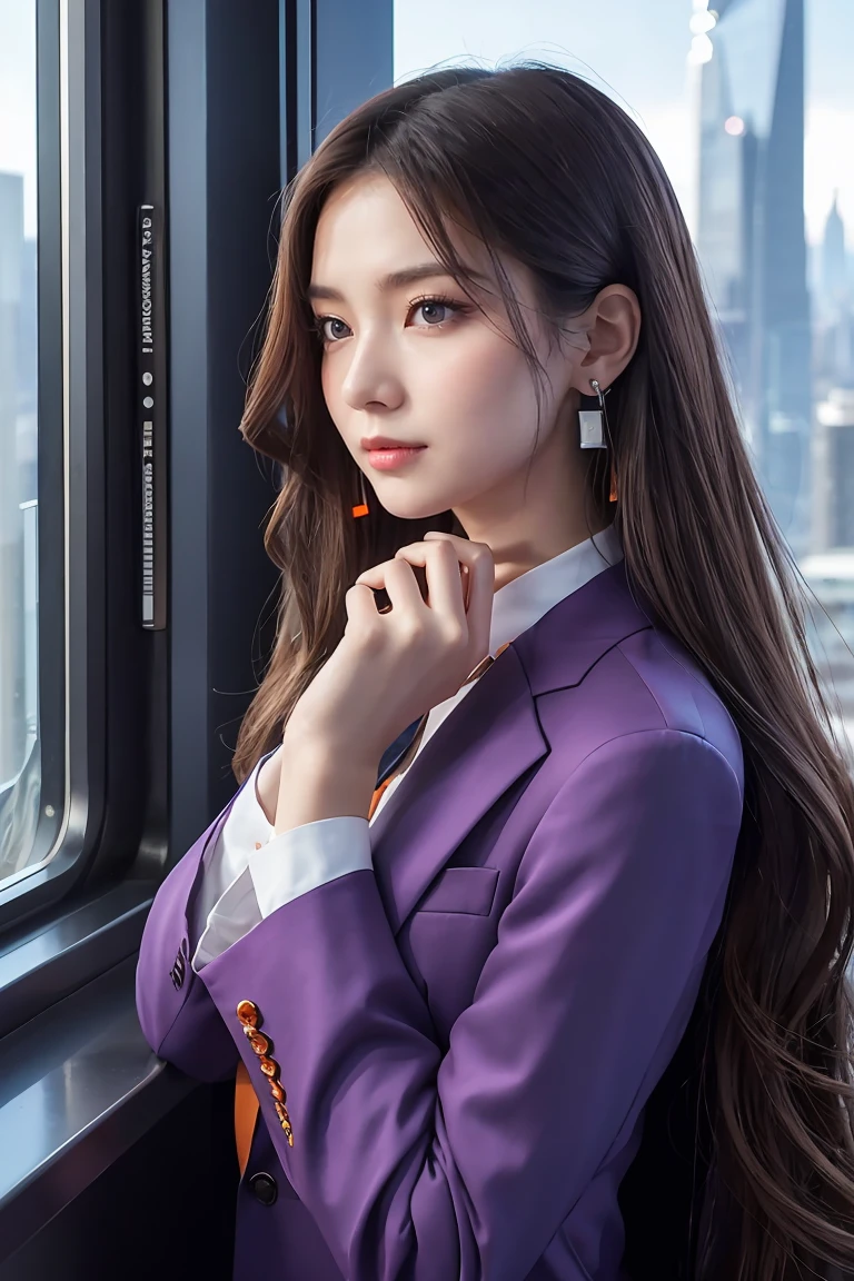 「A 20-year-old young female pilot、Height: 165cm、(Long Wavy Hair, Blue and orange split color:1.6, Deep purple eyes)。With skin as white as porcelain、His calm and intelligent expression exudes kindness.。Wearing an elegantly designed futuristic suit、Silver and purple accents。A shiny bracelet on his left wrist、She has a small earring in her right ear.。The background is a futuristic cityscape seen from a room in a high-rise building.、Outside the window, the night city spreads out。In a standing position、Hold the window frame lightly with one hand、Gazing into the distance。He exudes an air of keen intelligence and deep compassion.。」Perfect Anatomy