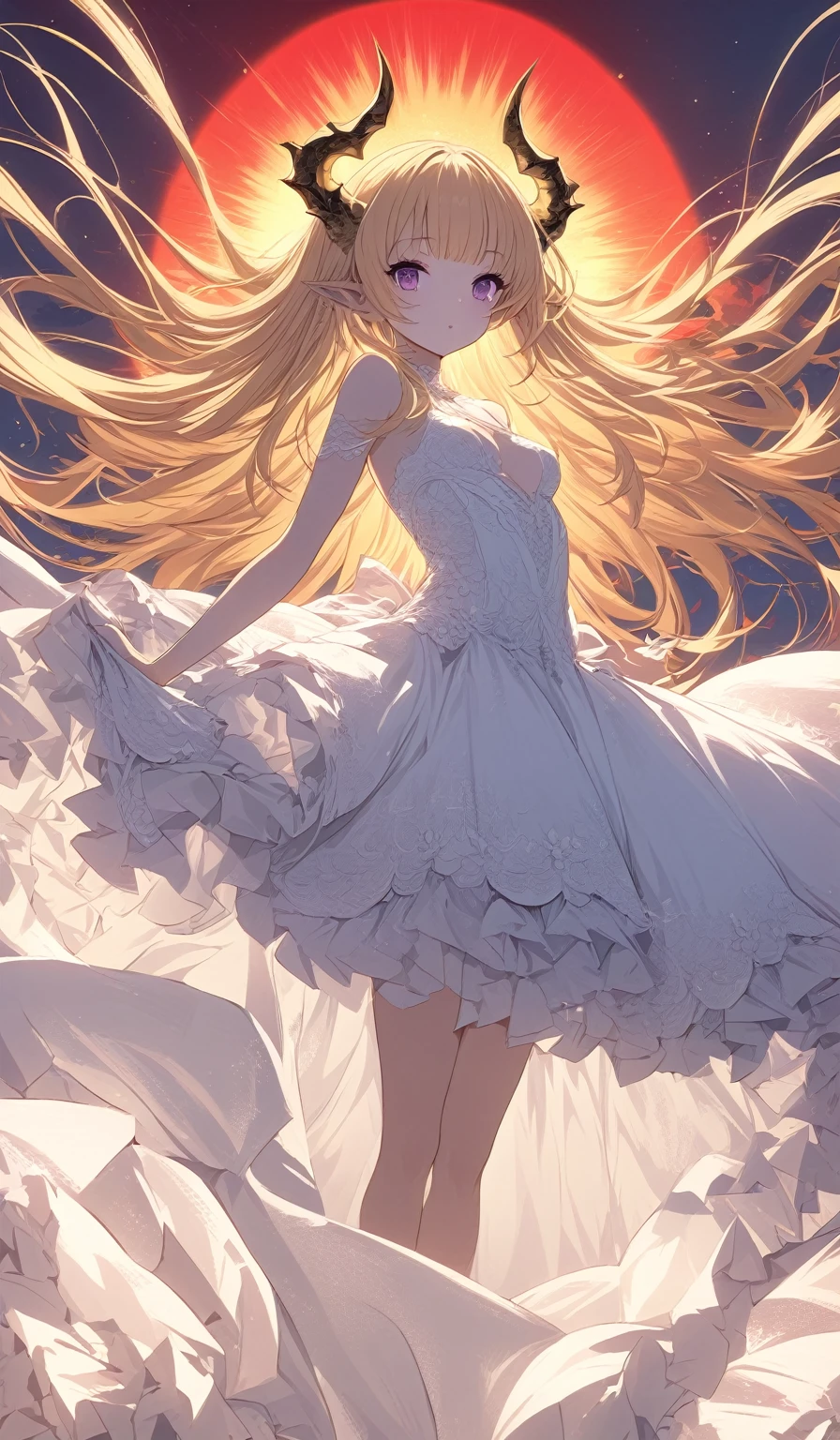 Masterpiece, very detailed, ultra detailed, alone, (1 girl), she is in a white lace and detailed dress, and in an elegant position, she is tall, childish style, long golden hair and bangs on the sides, golden demonic horns, beautiful, charming, purple eyes, elegant, small breasts, kind face, charming, she stands against the background of red trees and the big sun.