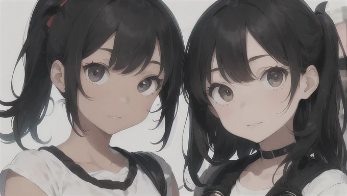 Two girls. First girl in right, tan skin, black eyes, black hair with medium hair with bangs with headphones. Second girl in left, long black hair in ponytail with no fringes, black eyes, fair skin.
