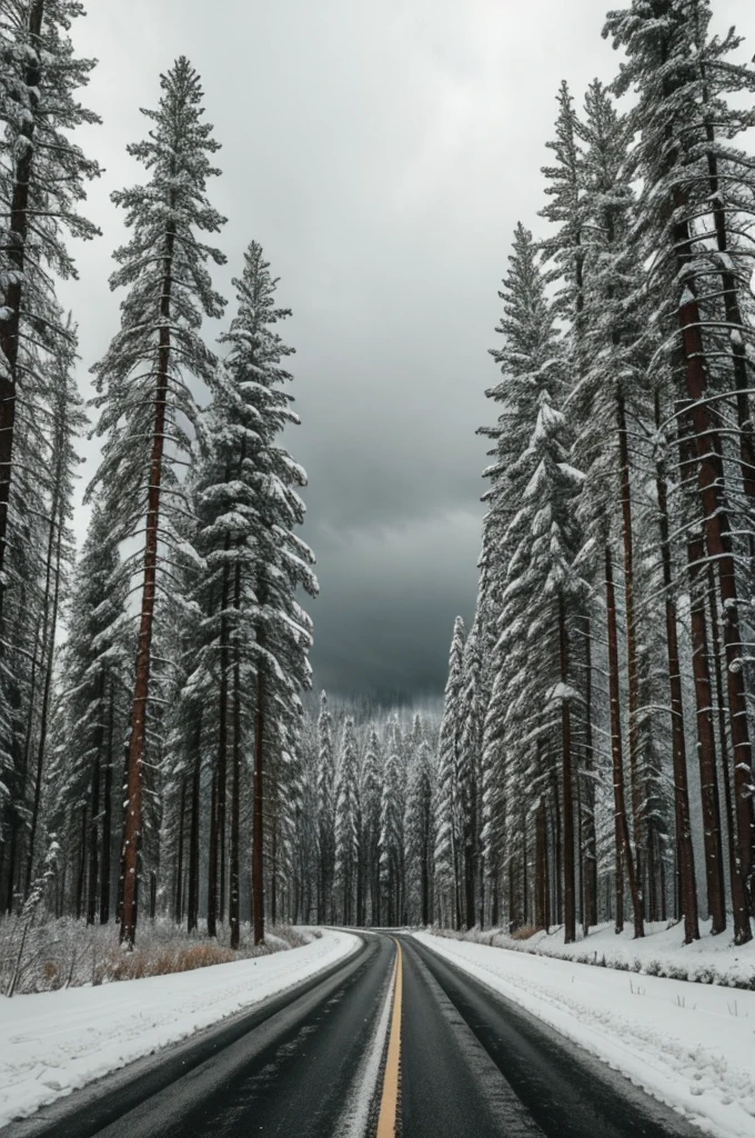 forest, Pins,snow, cloudy, road,gray