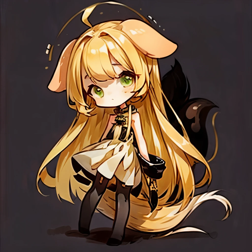 1girl with long golden hair, green eyes, dog floppy golden ears, dog tail, emoteless face, golden dress with open shoulders, slender body, simple background, chibi style, perfect quality, black stockings