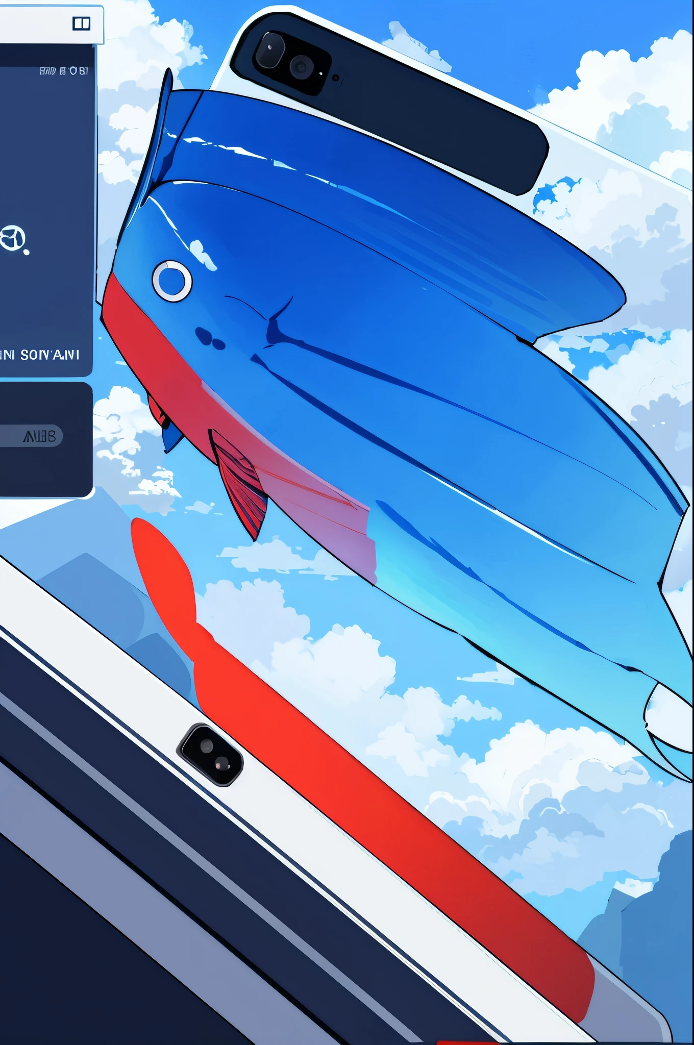 An app logo,A fish seems to be swimming in the clouds,The background color is red