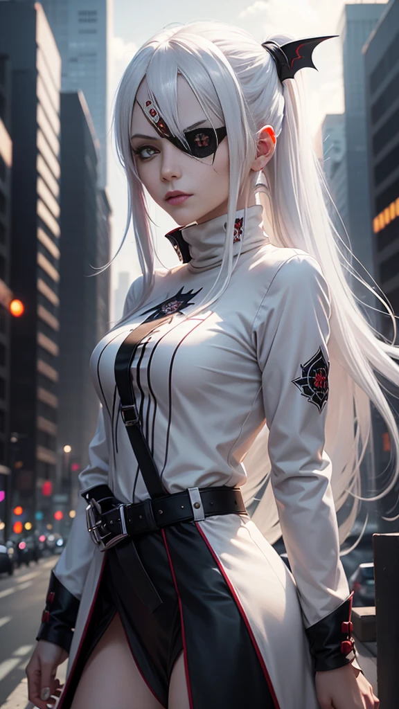 1girl, (solo), anime girl with long white hair and red eyes, girl with white hair, girl in white turtleneck, ((eyepatch)), pointed ears, ((vampire)), smirk, smug, closed mouth, cowboy shot, perfect white haired girl, white haired deity, digital cyberpunk anime art, turtleneck, lens flare, ((dramatic lighting)), soft glowing red eyes, extremely detailed, masterpiece, looking at viewer, city in background, (night)