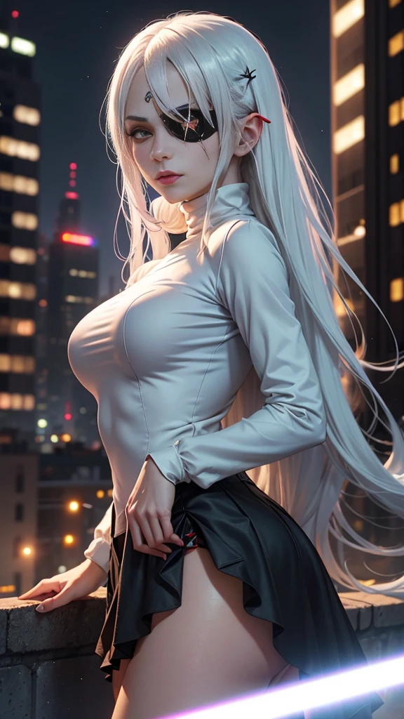 1girl, (solo), anime girl with long white hair and red eyes, girl with white hair, girl in white turtleneck, ((eyepatch)), pointed ears, ((vampire)), smirk, smug, closed mouth, cowboy shot, perfect white haired girl, white haired deity, digital cyberpunk anime art, turtleneck, lens flare, ((dramatic lighting)), soft glowing red eyes, extremely detailed, masterpiece, looking at viewer, city in background, (night)
