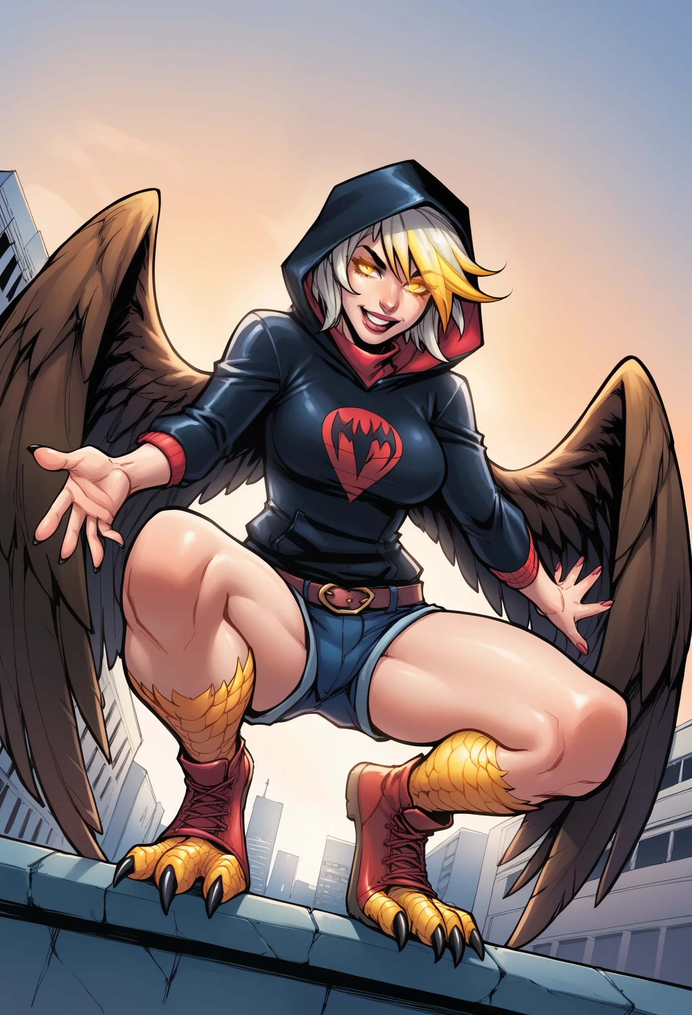 score_9, score_8_up, score_7_up, score_6_up, score_5_up, score_4_up, BREAK source_anime,rating_risky,humb3rt0, a girl, curvy, pale skin, harpy, squatting on a rooftop, wings outstretched, face hidden in shadows, hood on head, yellow glowing eyes, thich thighs, shorts, tight clothing, bold comic style, city background, purple clothes with yellow highlights