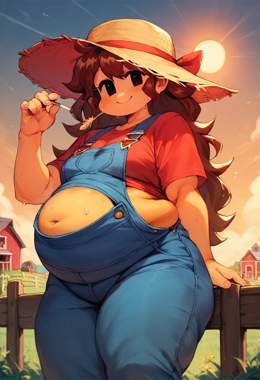 score_9, score_8_up, score_7_up, solo, 1girl, girlfriend \(friday night funkin'\), smile, Black eyes, (Blue overalls no shirt), Farm background, Orange sky, ((chubby body)), ((big belly)), ((chubby thighs)), Black eyes, long hair, straw, sun hat, looking at viewer, sweating