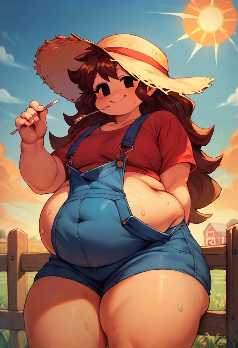 score_9, score_8_up, score_7_up, solo, 1girl, girlfriend \(friday night funkin'\), smile, Black eyes, (Blue overalls no shirt), Farm background, Orange sky, ((chubby body)), ((big belly)), ((chubby thighs)), Black eyes, long hair, straw, sun hat, looking at viewer, sweating