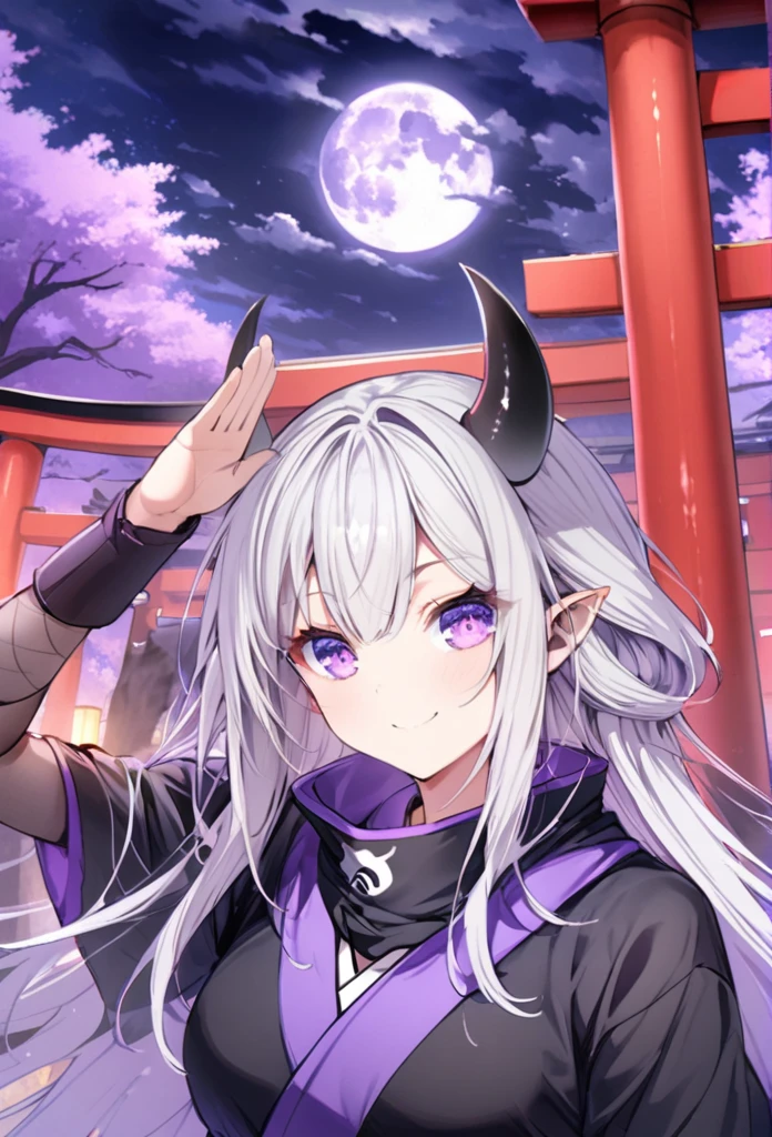 Long silver hair, Smile
, black ninja, full moon, purple eyes, white horns , Salute Torii