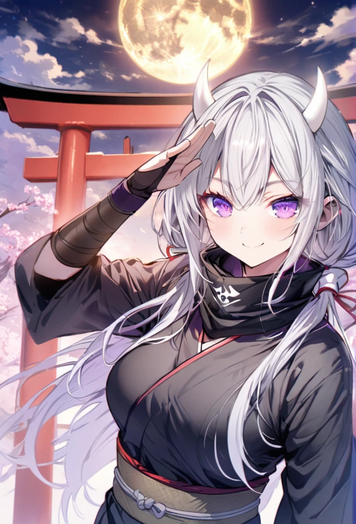 Long silver hair, Smile
, black ninja, full moon, purple eyes, white horns , Salute Torii