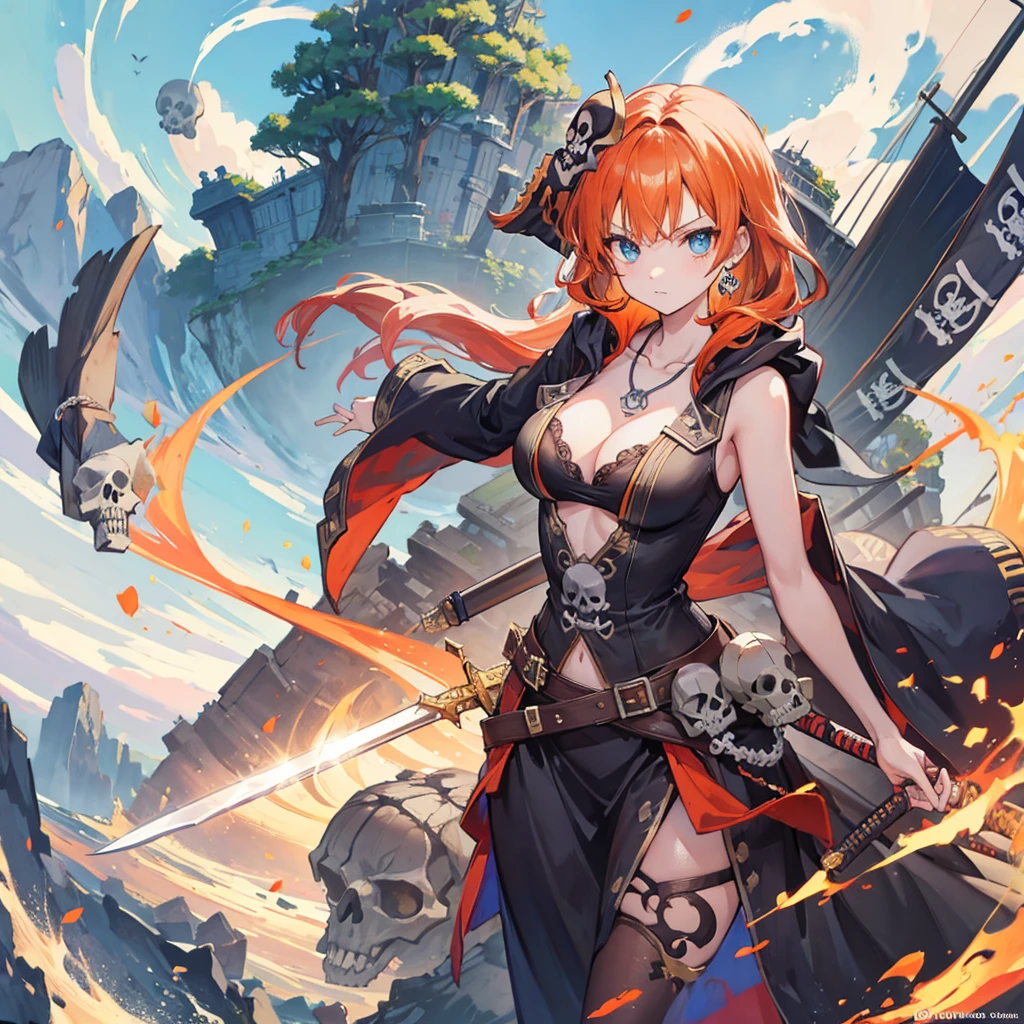 ((((pirate女帝　Skull Island　swordを持つ))))　(((Skull pattern　pirate　Large Breasts)))　((Boat　Orange Hair　blue eyes))　((necklace　sword))　(noon　Boatの上　sun　cloud)　Catch the wind　Shining Background　Light