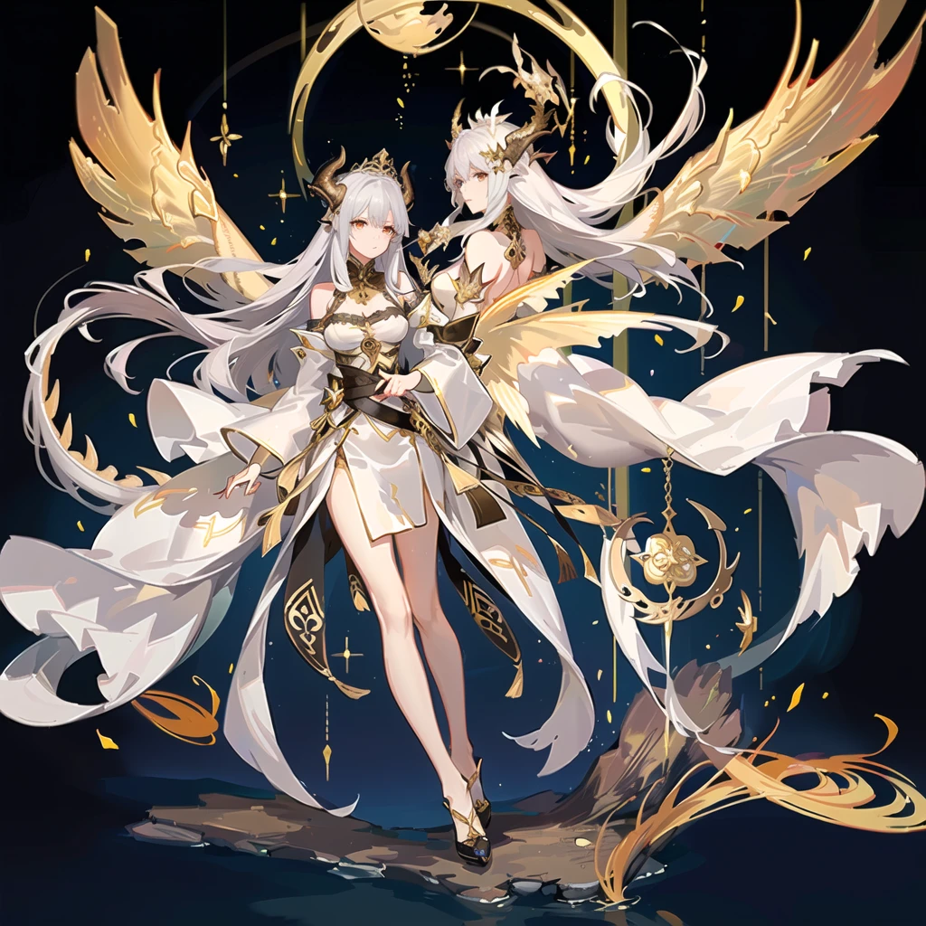 (There is a female emperor floating in the starry sky:1.3),(He has huge silver-scaled and golden-bone dragon wings on his back.:1.3),Golden horns on the head，There are solar prominences around，Sometimes there is a golden light standing，Like a golden imperial crown。A head of white hair fell a little on that tall and majestic body，The rest are all flying in the wind and shining brightly in the sunlight.。Wearing a silver robe with a golden dragon pattern，A belt with a golden lotus and a dragon-shaped jade pendant cinched the flowing robe.，Draw the line between upper and lower，The long hair hidden in the silver and gold hem and sleeves（Length）The platinum dragon&#39;s tail swings casually。White Hakama Underwear，Gold and silver boots，Artgerm&#39;s Art Style, Vadim Kashin, guys,