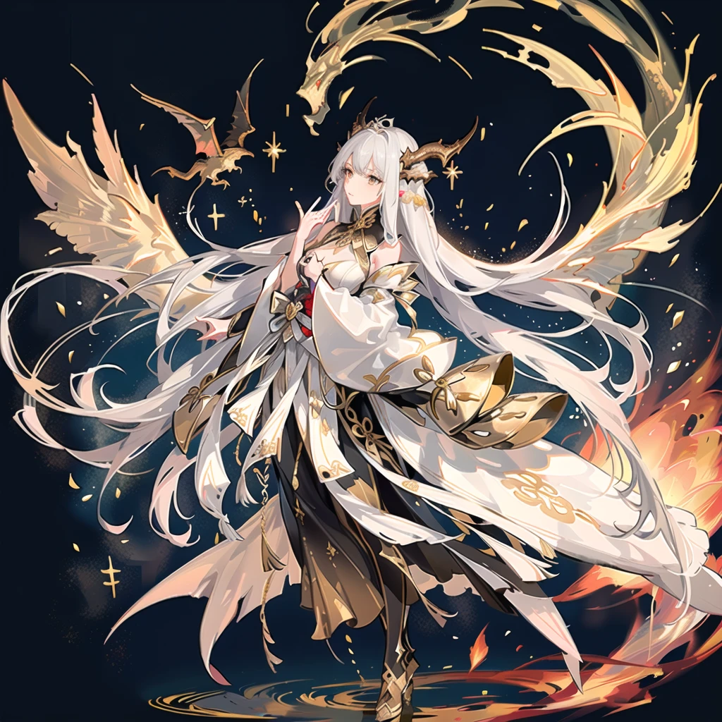 (There is a female emperor floating in the starry sky:1.3),(He has huge silver-scaled and golden-bone dragon wings on his back.:1.3),Golden horns on the head，There are solar prominences around，Sometimes there is a golden light standing，Like a golden imperial crown。A head of white hair fell a little on that tall and majestic body，The rest are all flying in the wind and shining brightly in the sunlight.。Wearing a silver robe with a golden dragon pattern，A belt with a golden lotus and a dragon-shaped jade pendant cinched the flowing robe.，Draw the line between upper and lower，The long hair hidden in the silver and gold hem and sleeves（Length）The platinum dragon&#39;s tail swings casually。White Hakama Underwear，Gold and silver boots，Artgerm&#39;s Art Style, Vadim Kashin, guys,