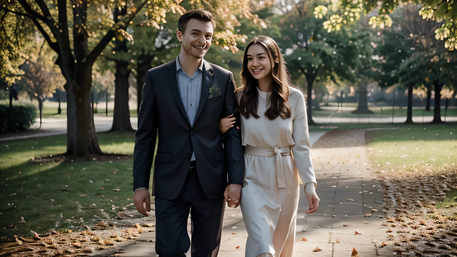 cinematic portrait of Slavic couple with smiling faces, standing in front of the camera, walking in a beautiful blooming park, husband and wife fascinated by nature, soft beauty, gentle sunlight behind, Fallen leaves, Face in front of the camera