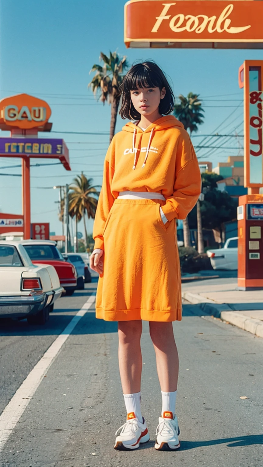 analog film photo cinematic photograph long shot portraits by Wes Anderson, cute 23 yo girl ,fokus, bokeh ,wear ((orange color oversized_hoodie)), wear ((purple tennis skirt)),looking front,Best Quality,Masterpiece,Ultra High Resolution,(Realisticity:1.4),Original Photo, 1Girl, light leak,ultra high resolution,UHD,beautiful, (black bob hair), almond eye, no makeup, in front of (80's gas station), (realistic:1.2), (surreal:1.3), (very detailed:1.1), ((masterpiece)),summer, blue sky, palm trees,sunny, los angles vibes,film camera, 800mm lens,style of Philip Lorca diCorcia